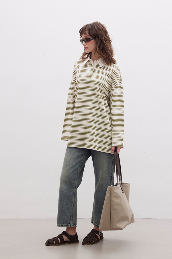 Manuka - ANDY COLLAR STRIPED SWEATSHIRT THIN STRIPES GREEN (1)