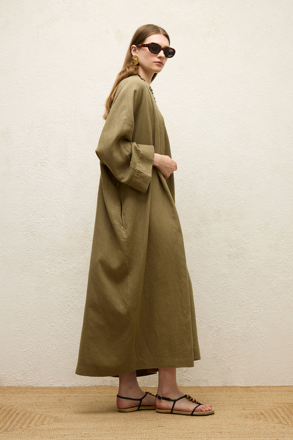 Manuka - LINEN LONG KIMONO JACKET KHAKI (1)