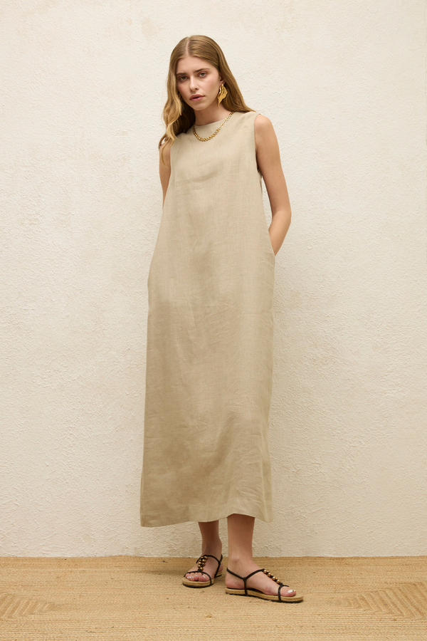 Manuka - SLEEVELESS LINEN COMFORTABLE DRESS SAND (1)