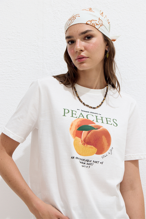 Manuka - DİKİŞ DETAYLI BASKILI TSHIRT PEACH (1)