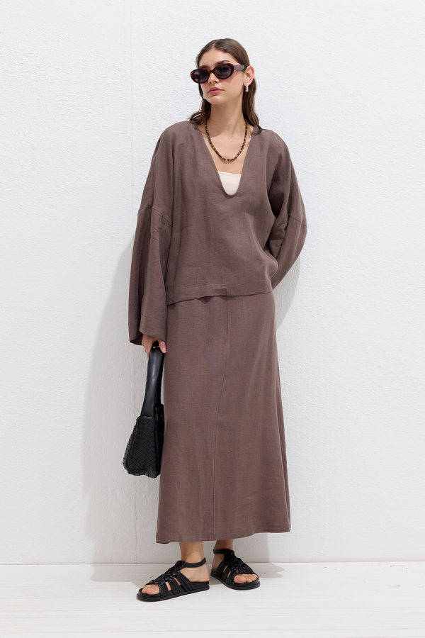 Manuka - LACED LINEN SKIRT DUSTY BROWN (1)