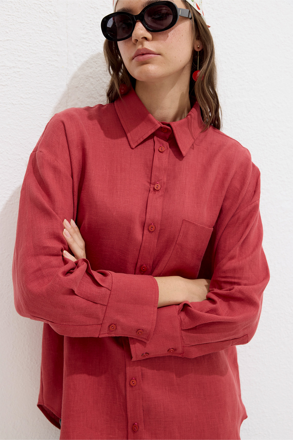 Manuka - FINE LINEN OVERSIZE SHIRT RED (1)