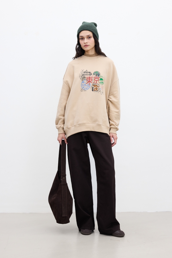 Manuka - OVERSIZE SWEATSHIRT CAMEL WITH PRINTING DETAIL (1)