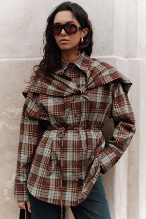 ÜÇGEN FULARLI OVERSIZE GÖMLEK EKOSE YEŞİL