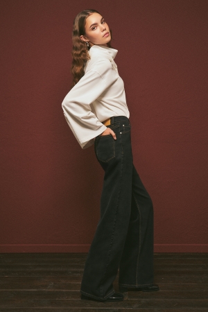 UZUN HAFİF GENİŞ PAÇA JEAN PANTOLON SİYAH